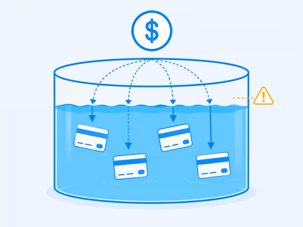 Illustration of credit cards flowing into a shared pool that is nearly full