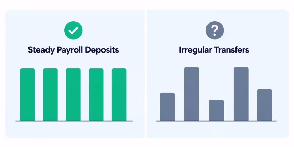 Side by side bar chart comparing steady payroll deposits against irregular transfer patterns