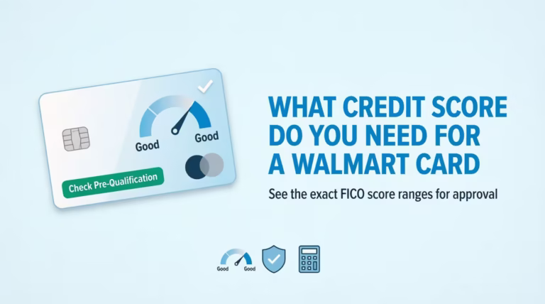 Walmart credit card illustration showing a score gauge and pre-qualification button for approval odds