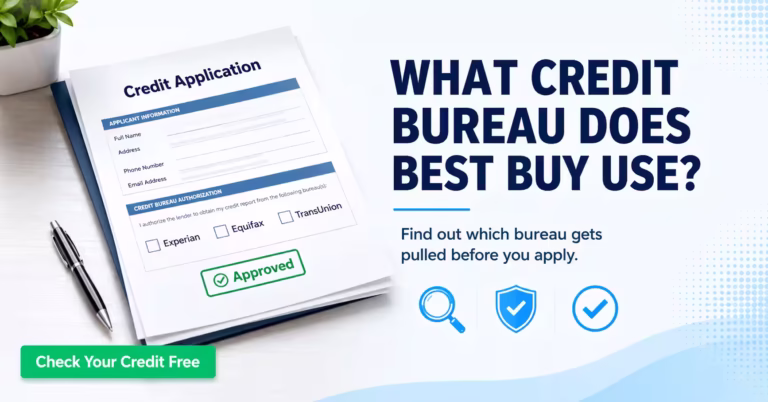 Credit application document beside headline asking which credit bureau Best Buy uses for approval decisions.