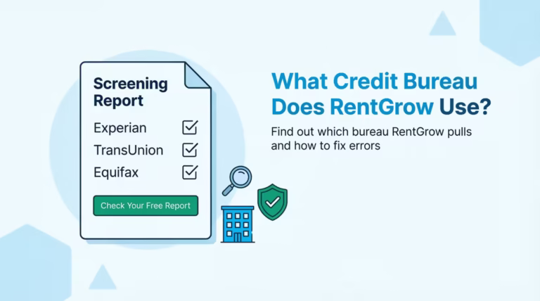 A tenant screening report document showing Experian, TransUnion, and Equifax bureau labels next to a check your report button.