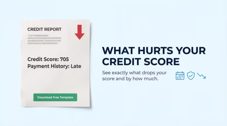 Credit report document showing a declining score next to a headline about what hurts your credit score