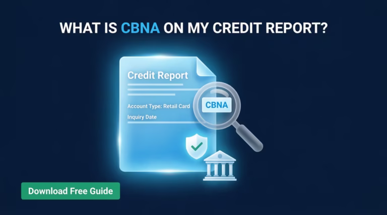 Credit report document highlighting a CBNA entry with a magnifying glass icon