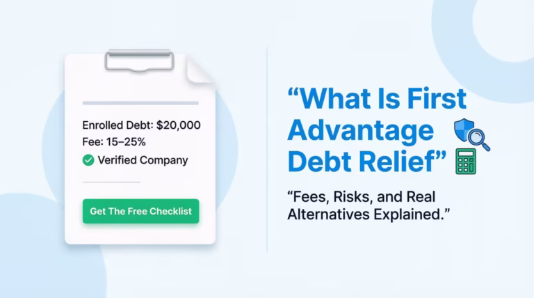 Illustration explaining what First Advantage Debt Relief is with fee and verification icons