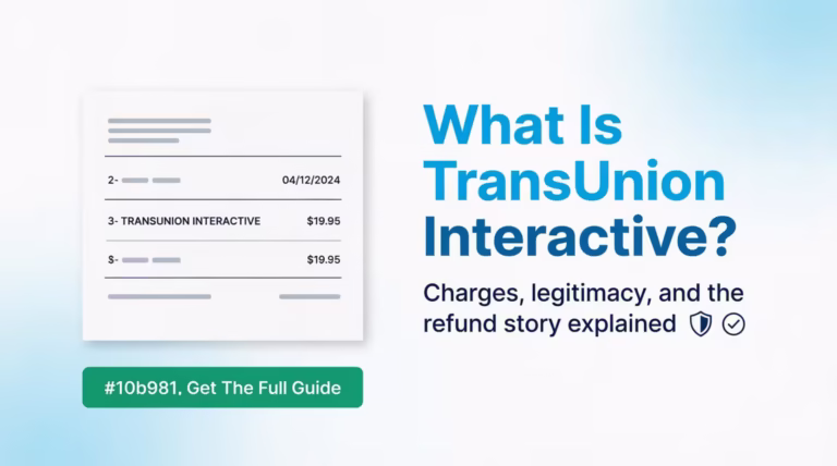 What is TransUnion Interactive explained with a bank statement charge illustration and guide headline