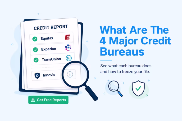 Credit report documents with a magnifying glass showing the 4 major credit bureaus checklist