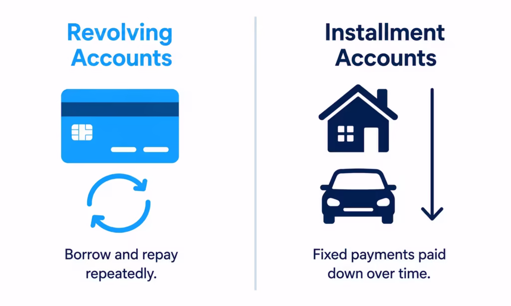 Side by side icons comparing two different types of credit accounts