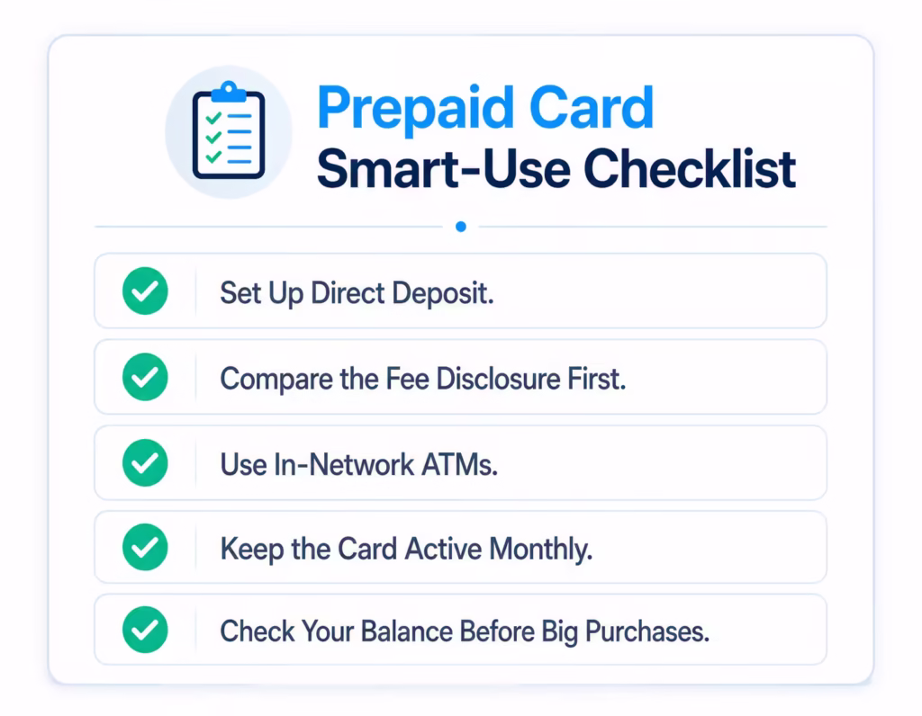 Checklist graphic listing five habits for avoiding unnecessary prepaid card fees