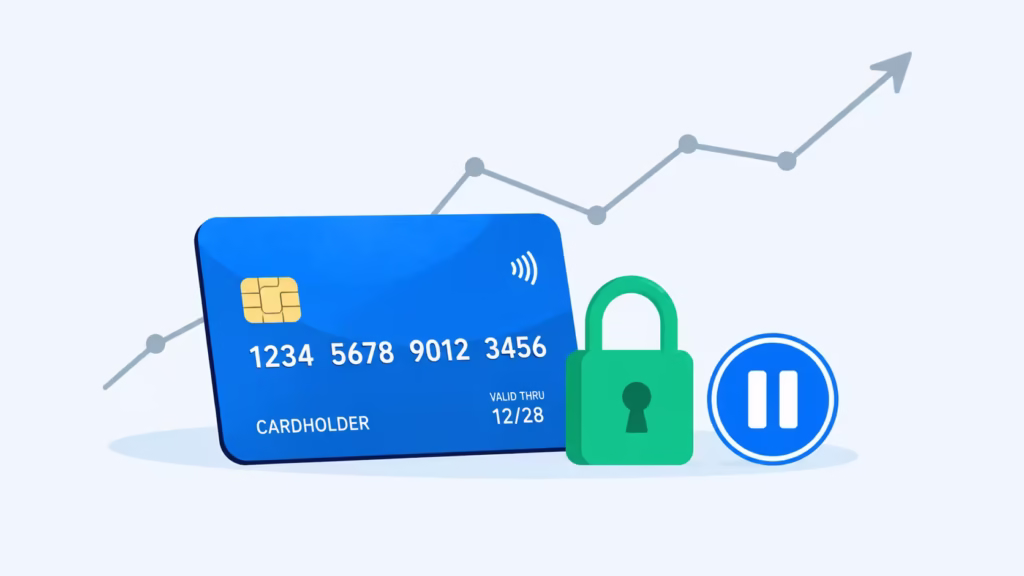 Illustration of a credit card with a padlock symbolizing pausing card use after debt payoff