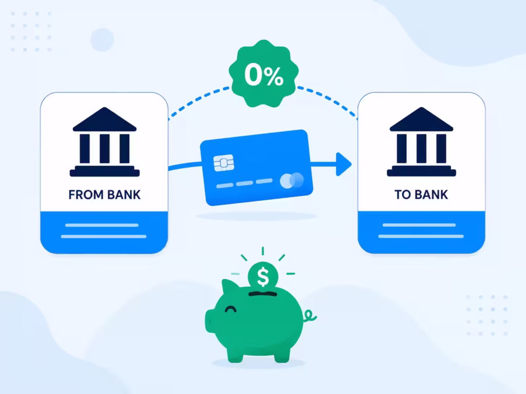 Illustration of a credit card moving between two banks with a zero percent badge and a piggy bank icon