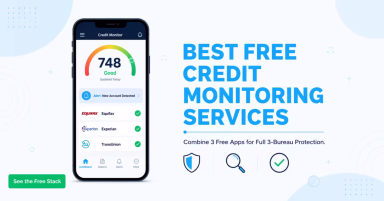 Smartphone screen showing a credit score dashboard with alerts for three credit bureaus and a free monitoring app stack.
