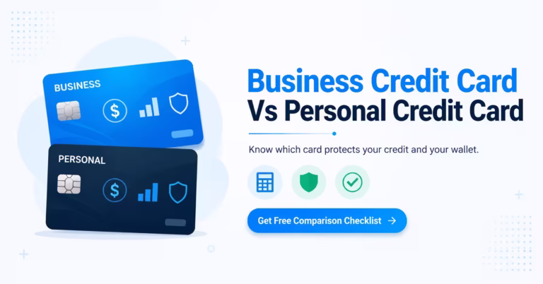Two credit cards labeled business and personal side by side comparing card features