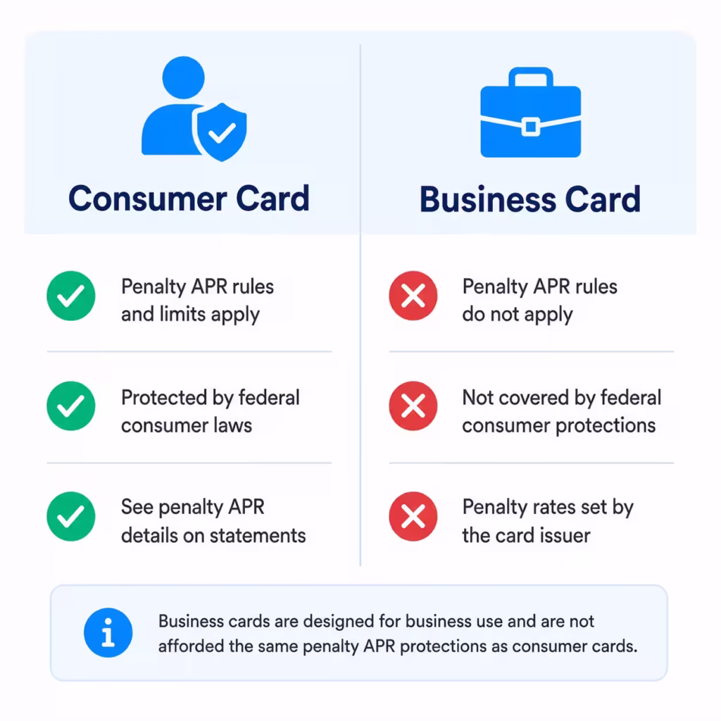 Side by side comparison showing which rate protections apply to consumer cards but not business cards