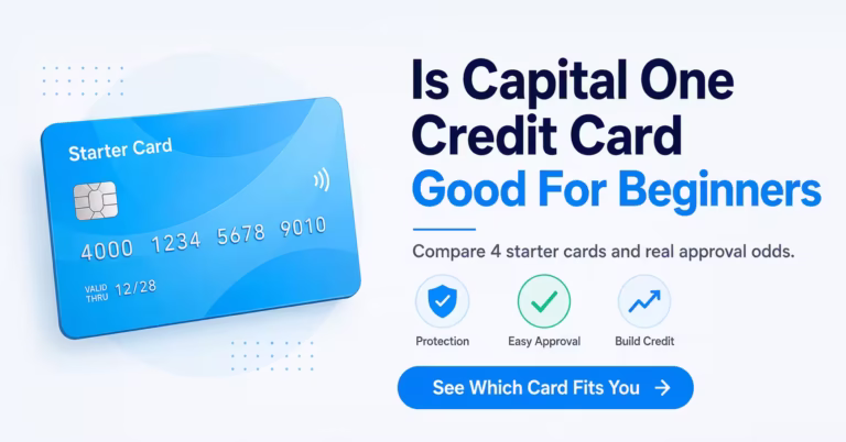 Illustration of a starter credit card beside the headline asking if Capital One is good for beginners