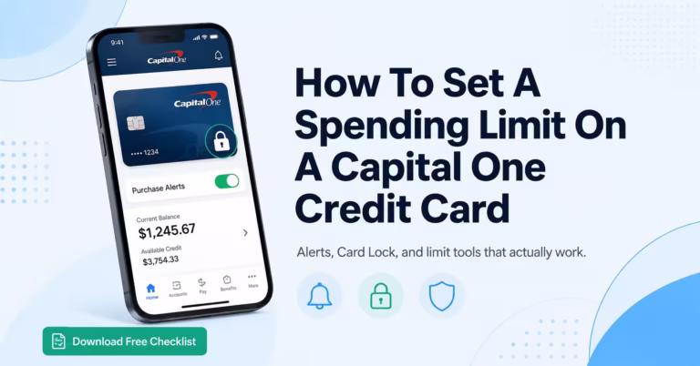 Smartphone banking app showing card lock and purchase alert settings for setting a Capital One spending limit