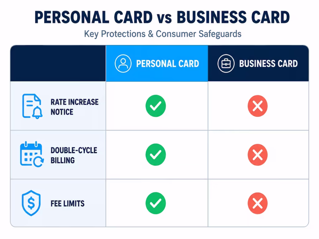 Table comparing legal protections available on personal cards versus business cards
