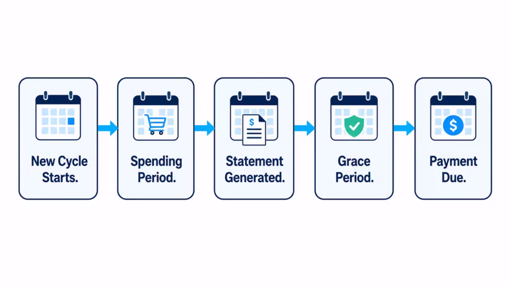  Flowchart showing five stages of a card billing cycle from spending to payment due.