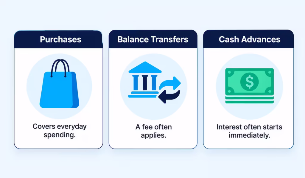 Three icons showing separate categories for purchases, balance transfers, and cash advances on a card