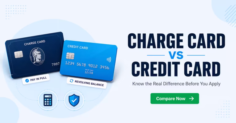 Side by side comparison of a charge card and credit card illustrating charge card vs credit card payment differences