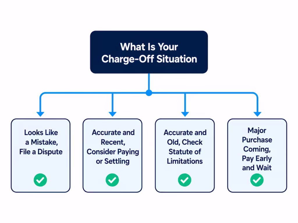  Decision tree helping a reader choose their next step based on their specific charge off situation