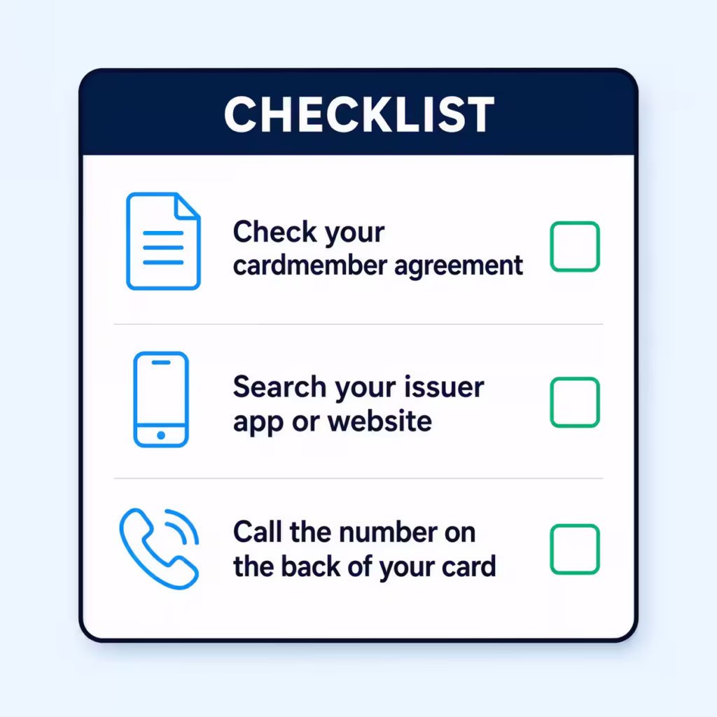 Checklist illustration showing three ways to check if a credit card charges a foreign fee