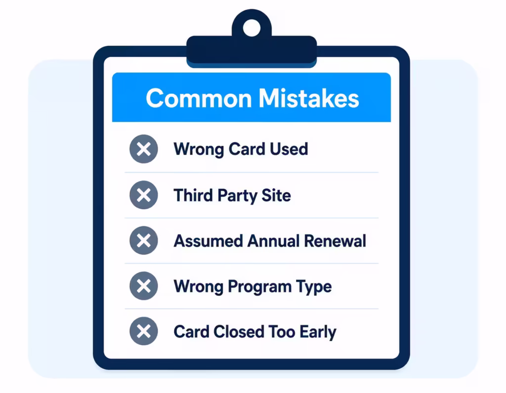 Checklist graphic listing common errors that block a statement credit from posting