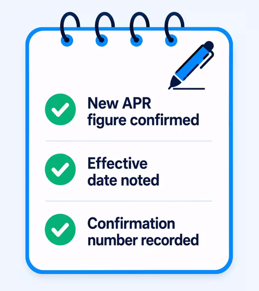 Notepad checklist for confirming a new APR, effective date, and confirmation number after a call