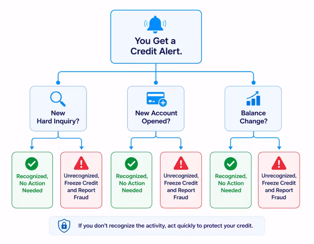 Decision tree showing what to do for different types of credit monitoring alerts based on whether they are recognized.