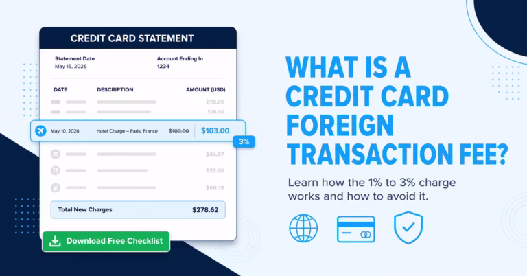 Credit card statement showing a highlighted foreign transaction fee charge next to the original purchase amount