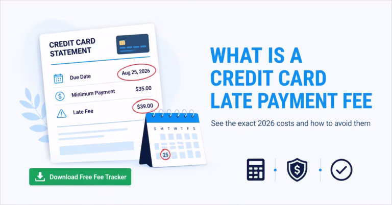 Illustration of a credit card statement showing due date and late fee amount with a free download button