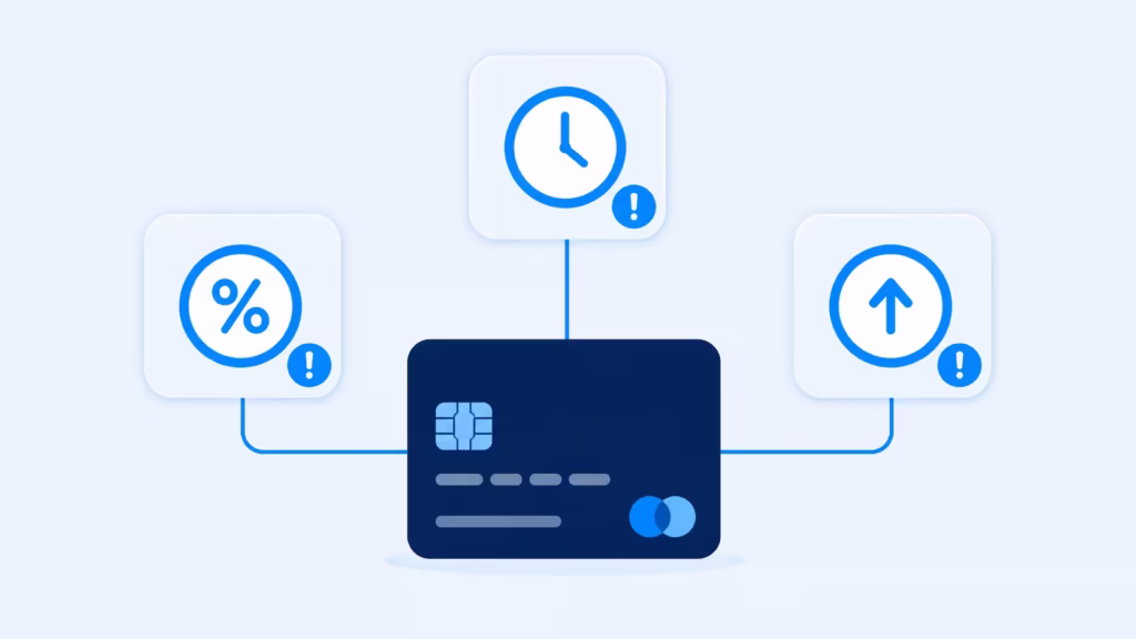 Illustration of a credit card surrounded by three warning icons for interest, late payment, and overspending