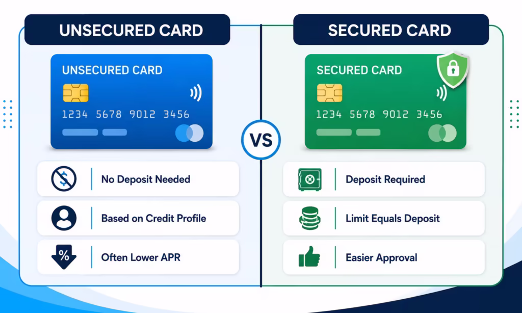 Side by side infographic comparing two types of credit cards and their basic features