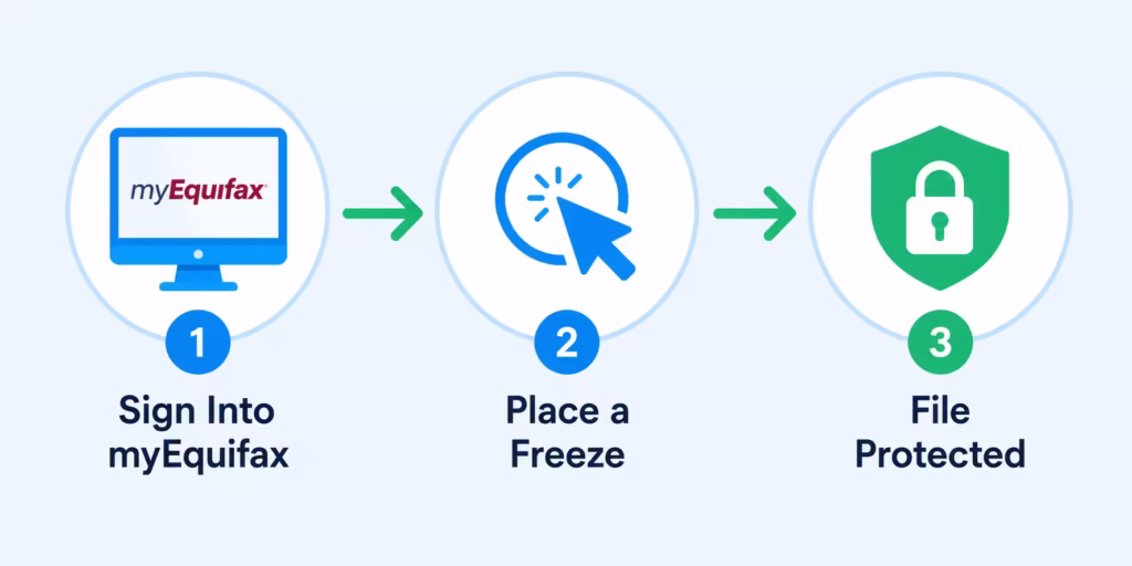 Three step flowchart showing how to place a credit freeze online