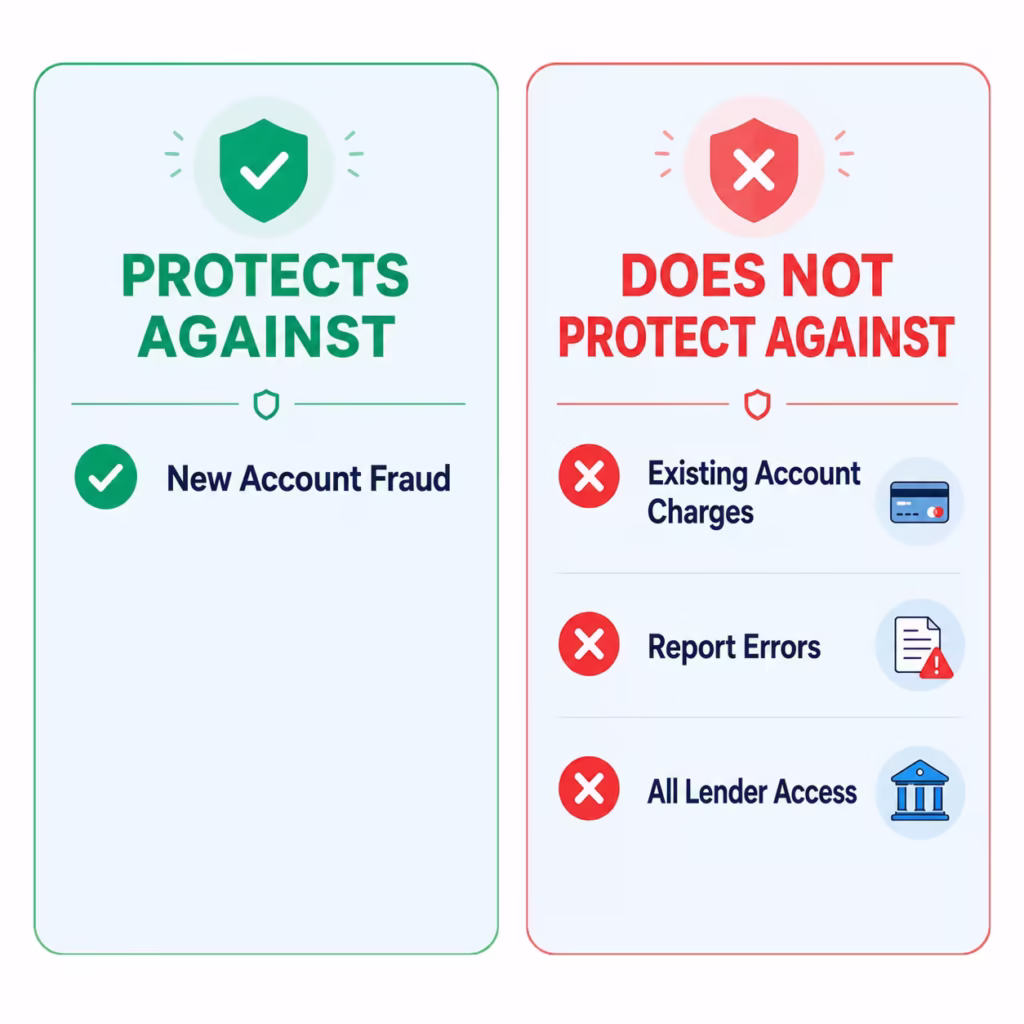 Checklist graphic showing what a credit lock protects against and what it leaves unprotected