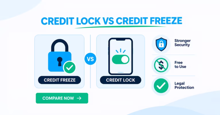 Comparison graphic showing a padlock icon for credit freeze next to a smartphone toggle icon for credit lock