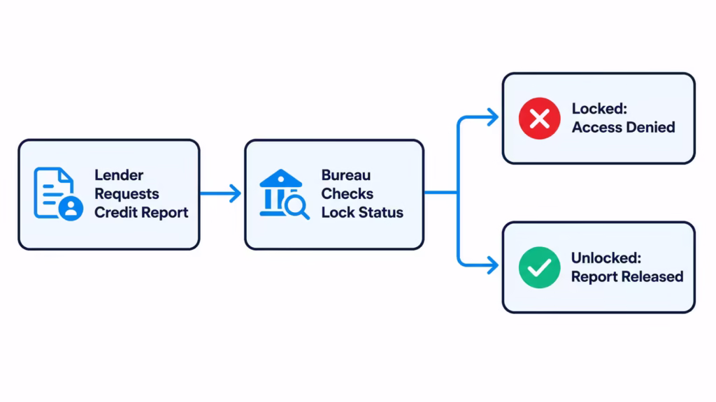 Flowchart showing how a locked credit report blocks a lender from accessing it during an application