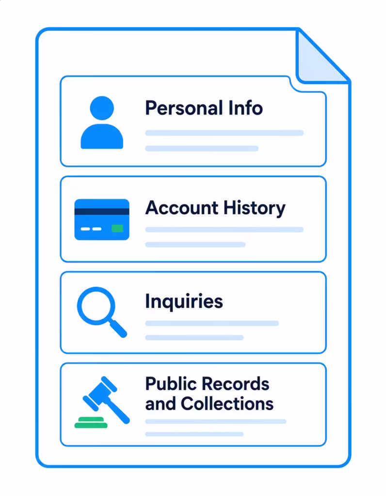 Diagram showing the four main sections found inside a credit report
