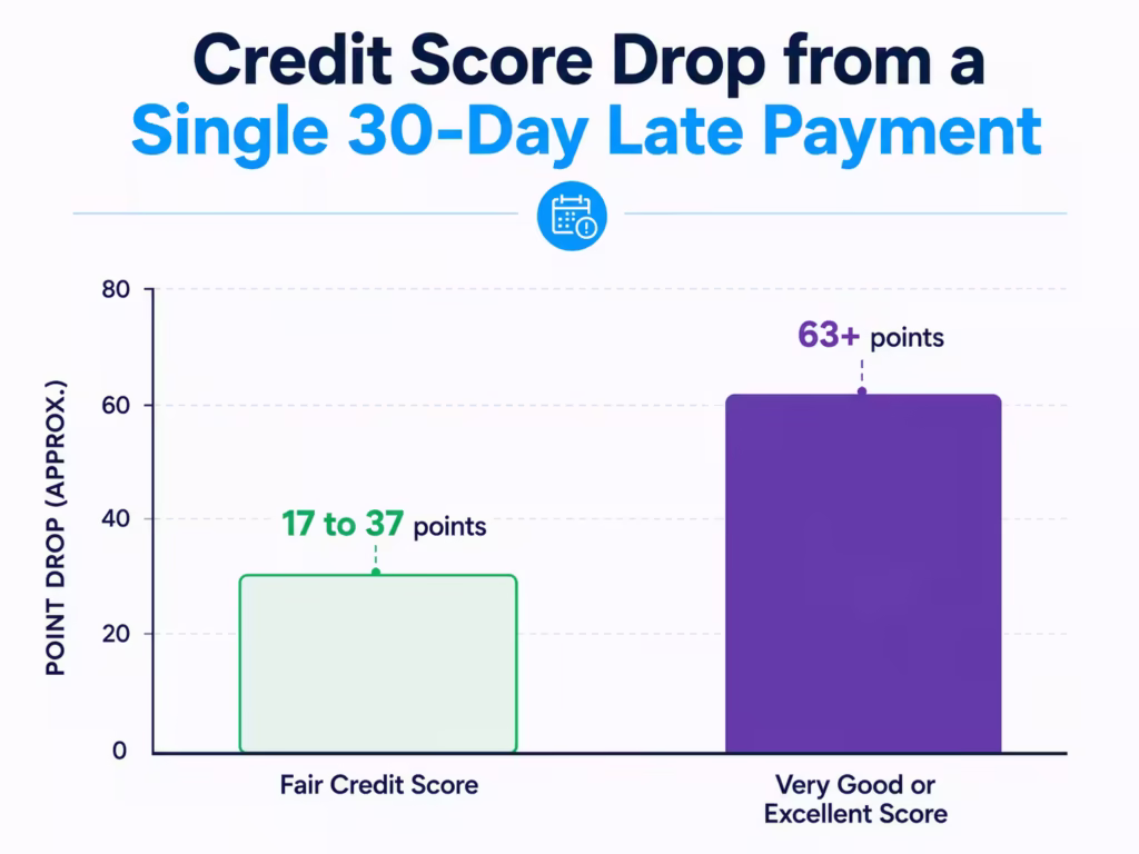 Bar chart comparing score point drops between fair credit and excellent credit after one late payment