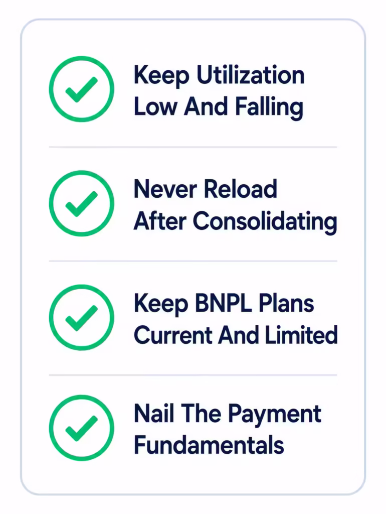 Vertical checklist showing four habits for maintaining a strong credit score