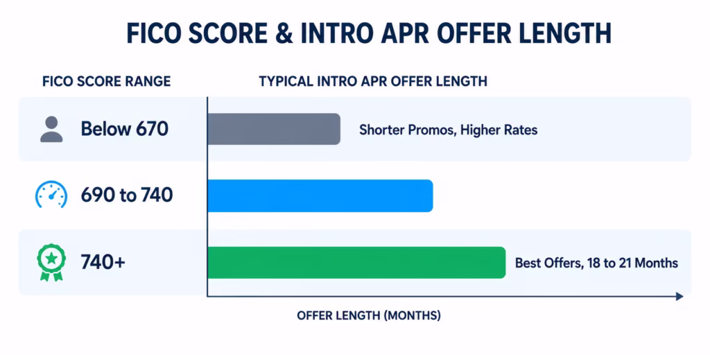 Bar chart showing how credit score ranges relate to the length of promotional interest offers