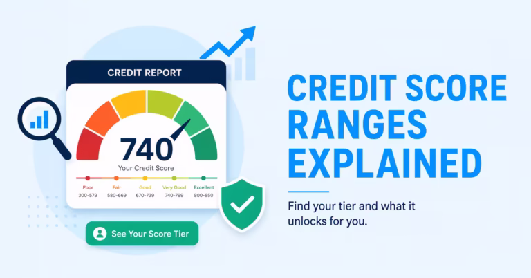 Credit report gauge showing score tiers from poor to excellent for credit score ranges explained