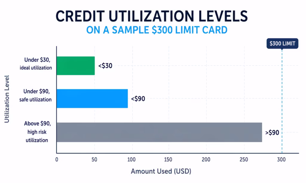 Bar chart comparing safe and risky credit utilization levels on a sample card limit