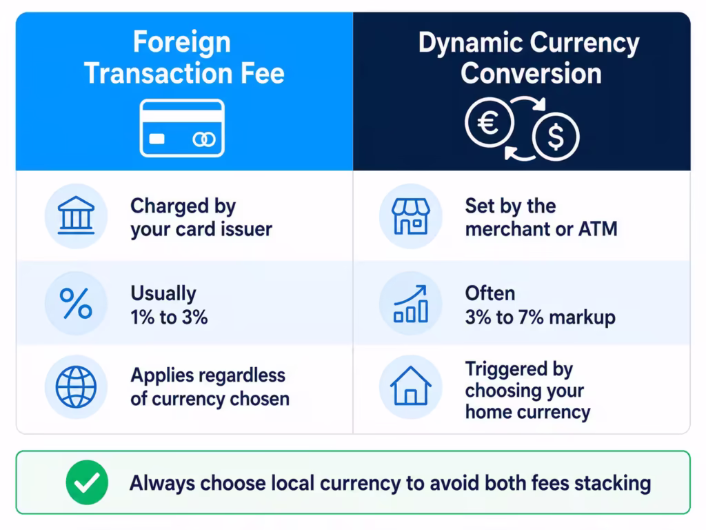 Side by side comparison graphic contrasting a card issuer fee with a merchant currency conversion markup