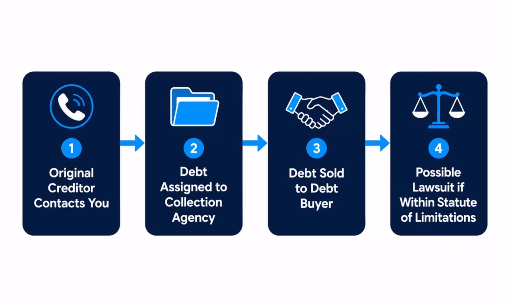 Flowchart showing the sequence of steps a debt goes through from collection agency to potential lawsuit