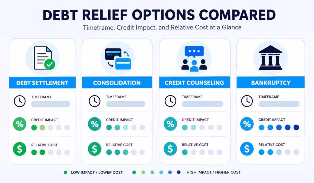 Four column infographic comparing timeframes, credit impact, and cost across different debt relief methods