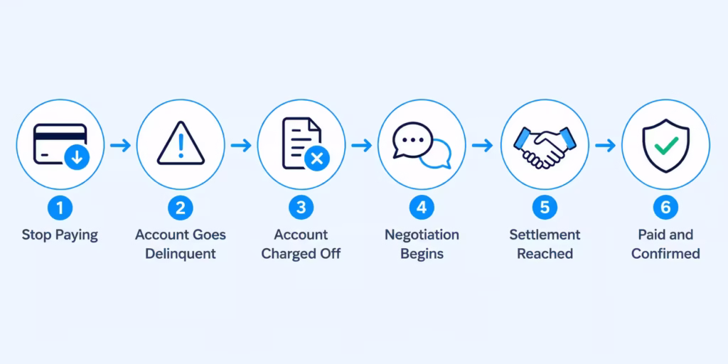 Six step flowchart showing the process from missed payments to a finalized settlement agreement