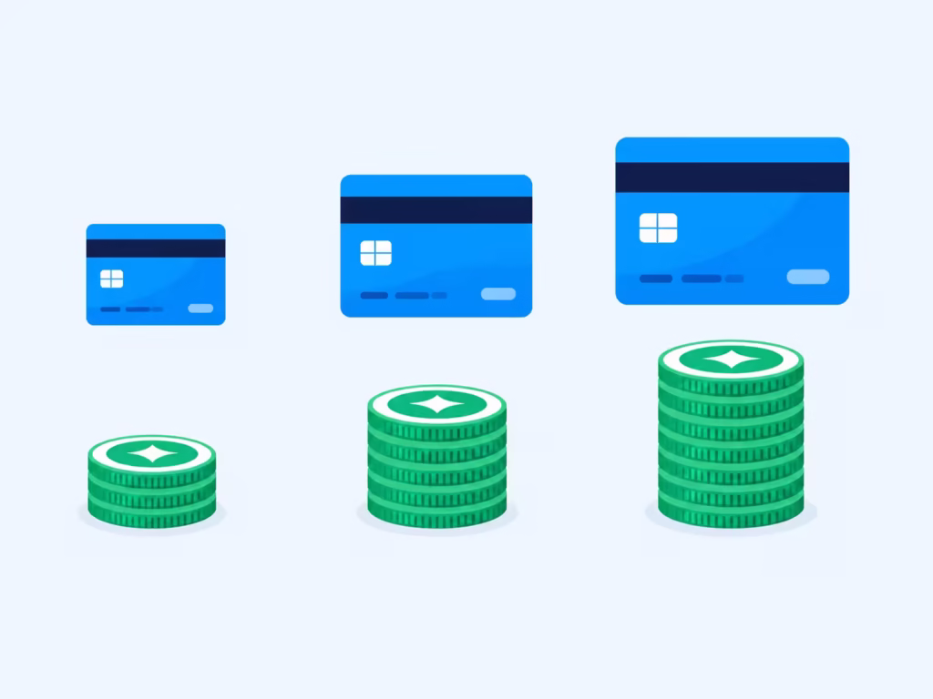Three credit cards paired with matching coin stacks showing deposit amounts increasing in size