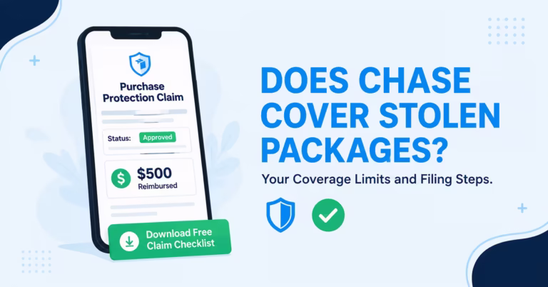 Illustration of an approved purchase protection claim form next to a headline asking does chase cover stolen packages