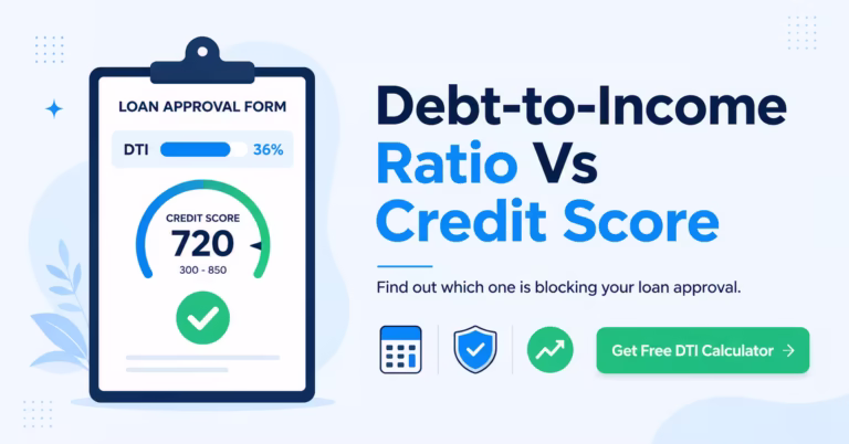 Loan approval clipboard showing debt to income ratio and credit score comparison graphic