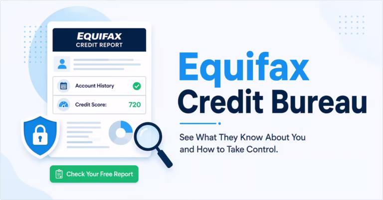 Equifax credit report document beside a headline explaining how the credit bureau works